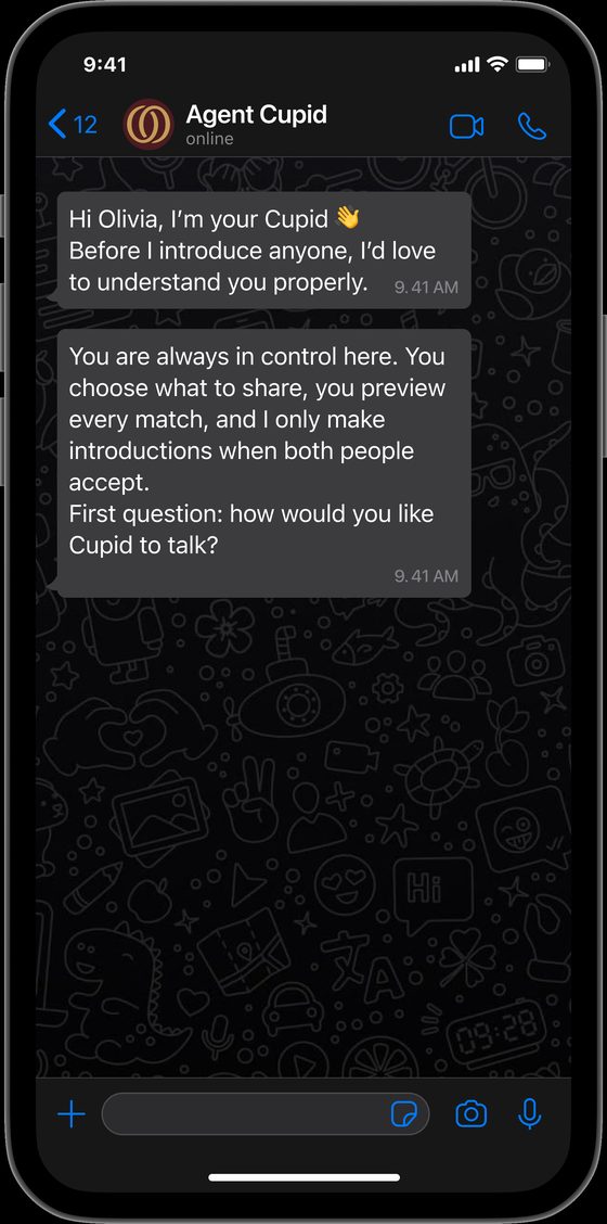 Agent Cupid explains that the user is always in control, chooses what to share, previews every match, and that introductions only happen when both people accept
