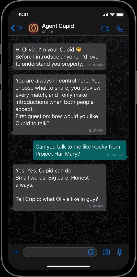 Olivia asks Cupid to talk to her like Rocky from Project Hail Mary, and Cupid answers in that voice: small words, big care, honest always