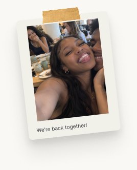 One Polaroid from the wall: two people laughing together over a laptop, captioned 'Argued 9 times for same thing'