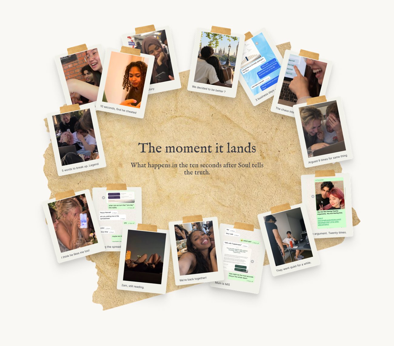 A wall of Polaroid photographs pinned to torn paper, headed 'The moment it lands'. Each one shows somebody reading their report, with a short caption