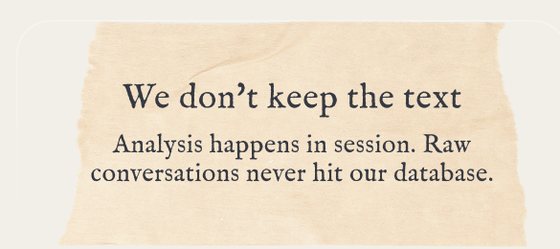 A card on the site reading 'We don't keep the text. Analysis happens in session. Raw conversations never hit our database.'