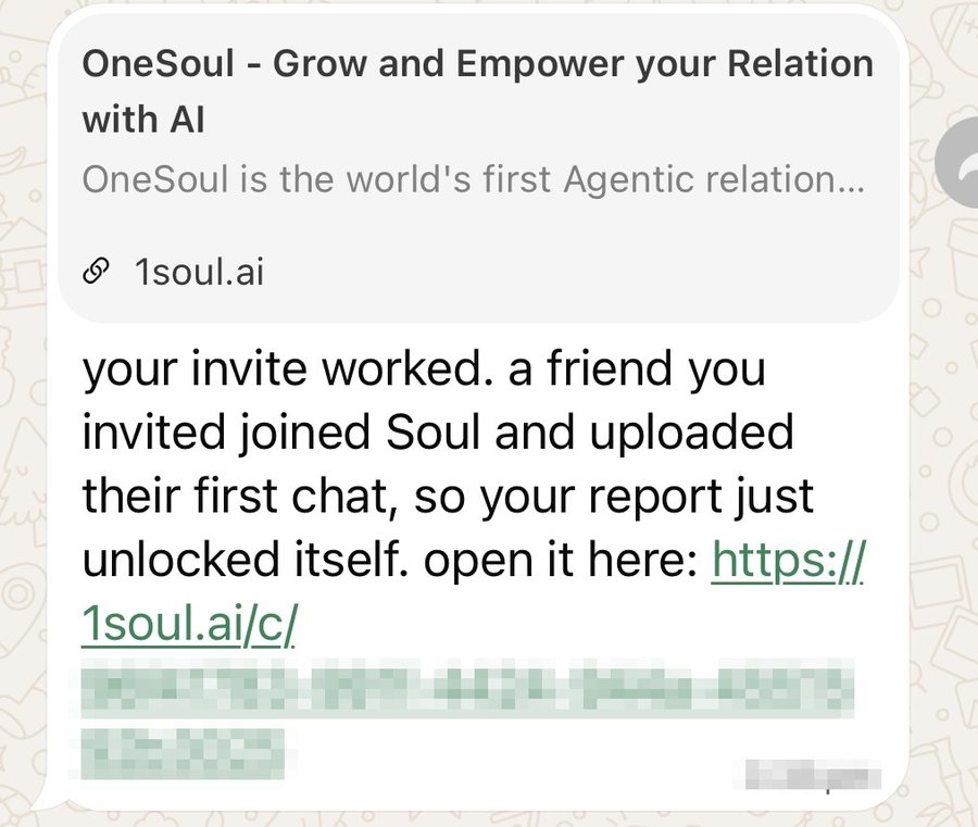 A WhatsApp message saying a friend you invited has joined and uploaded their first chat, so your report has unlocked, with a link to open it