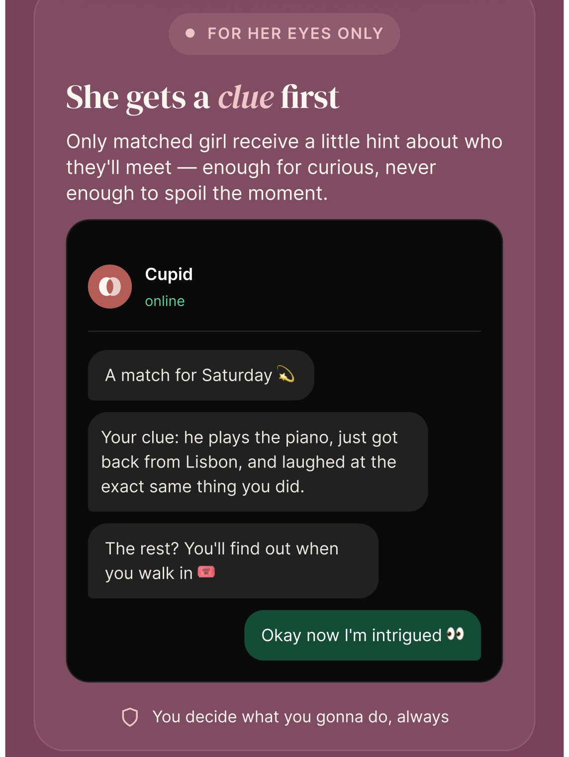 The section headed 'For her eyes only, she gets a clue first', showing a WhatsApp conversation where Cupid sends one hint about a match and she replies