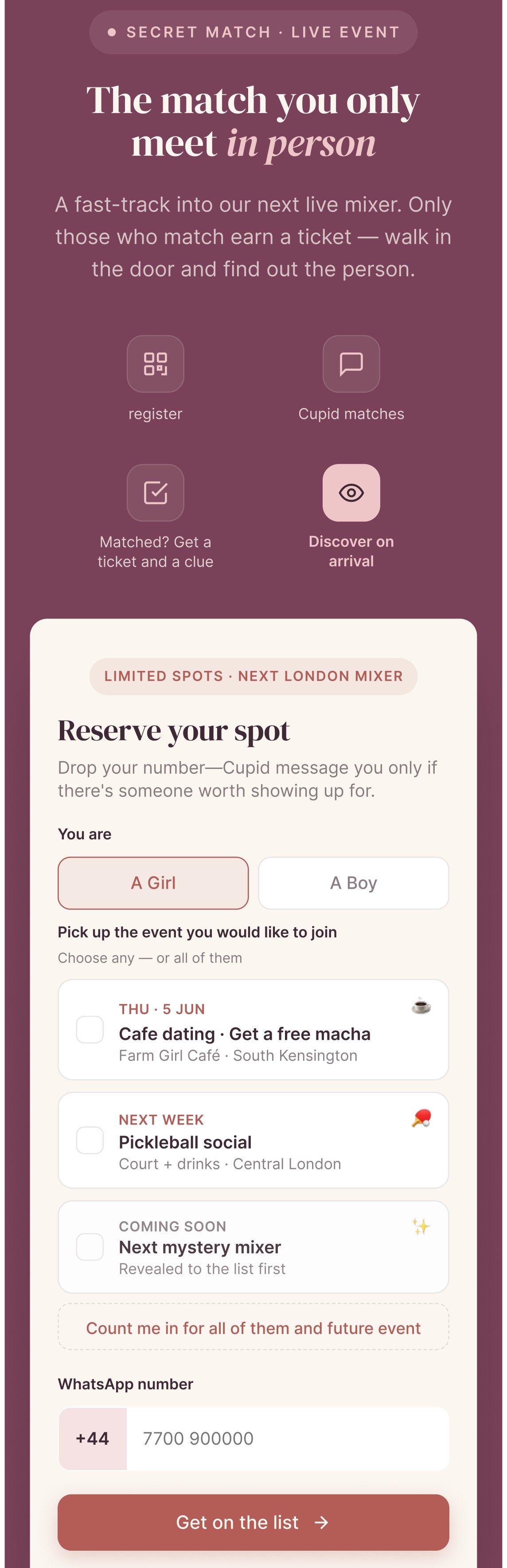The Secret Match section: four steps from register to discover on arrival, and a form to reserve a spot at a London mixer with a choice of events
