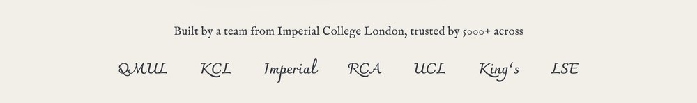 A row of London university names set in a handwritten face, under a line about who built it
