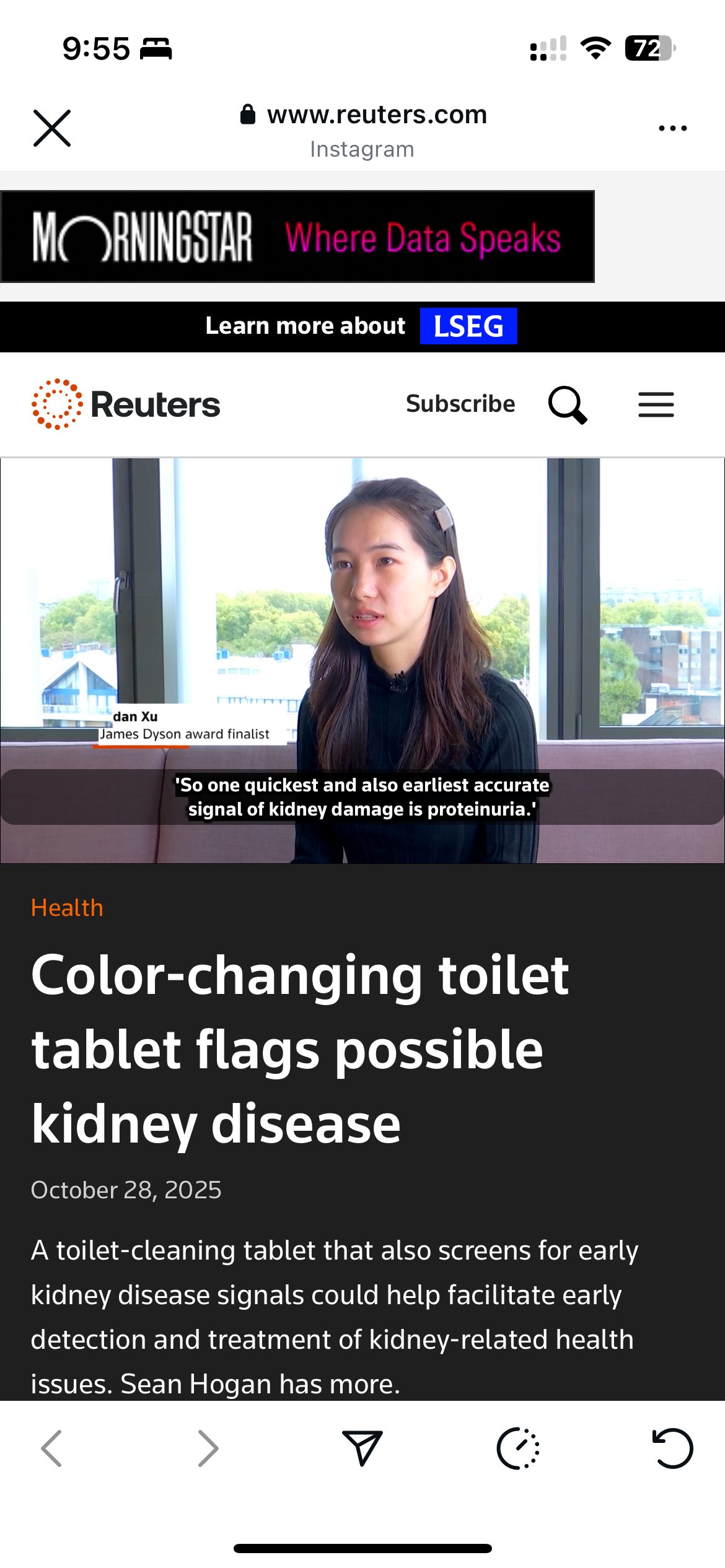Reuters coverage of Yidan Xu, captioned 'James Dyson Award finalist', reporting on a colour-changing toilet tablet that flags possible kidney disease