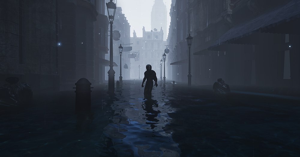Concept render of a flooded Westminster street at night: water at knee height between Victorian buildings, gas lamps still lit, a lone figure wading towards the camera and a tower silhouetted in the mist