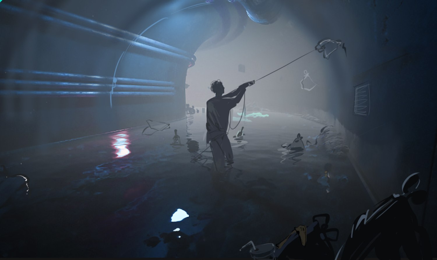 Concept painting of the sewer level: a figure stands waist-deep in still water inside a brick tunnel, reaching up with a grabber to catch a floating plastic bag, with debris and faint coloured light in the distance