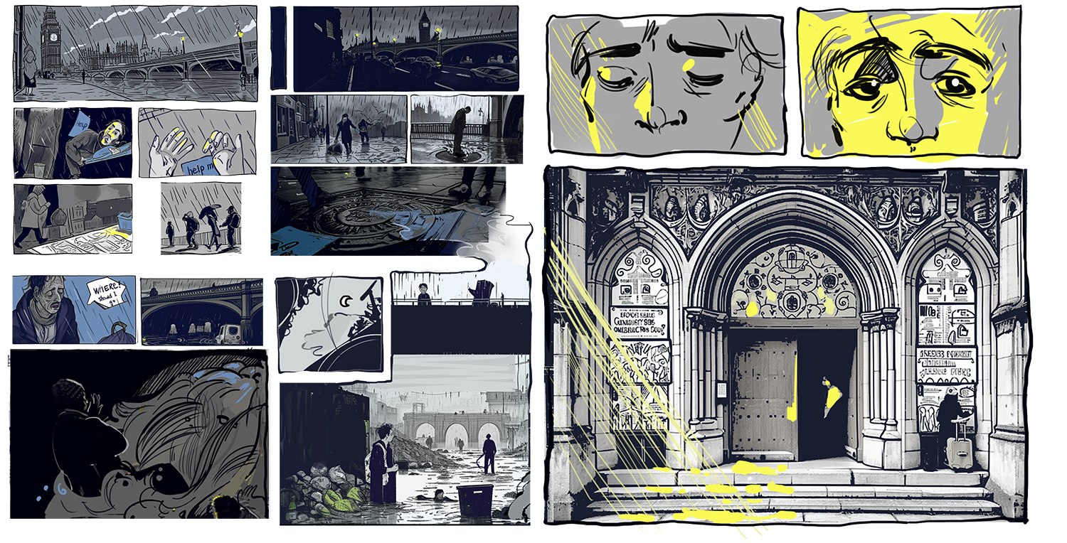 The flat storyboard: panels in ink and yellow highlighter showing Westminster Bridge in the rain, hands holding a help-me sign, figures wading through floodwater, a face in close-up, a drowning figure underwater, and a boarded-up church doorway