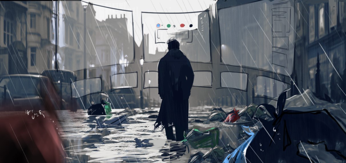 Concept painting of the flooded high street: a figure in a long coat stands in the water with rubbish drifting past, and a hoarding overhead carries four coloured dots in blue, green, red and black, the recycling stream colours the game borrows