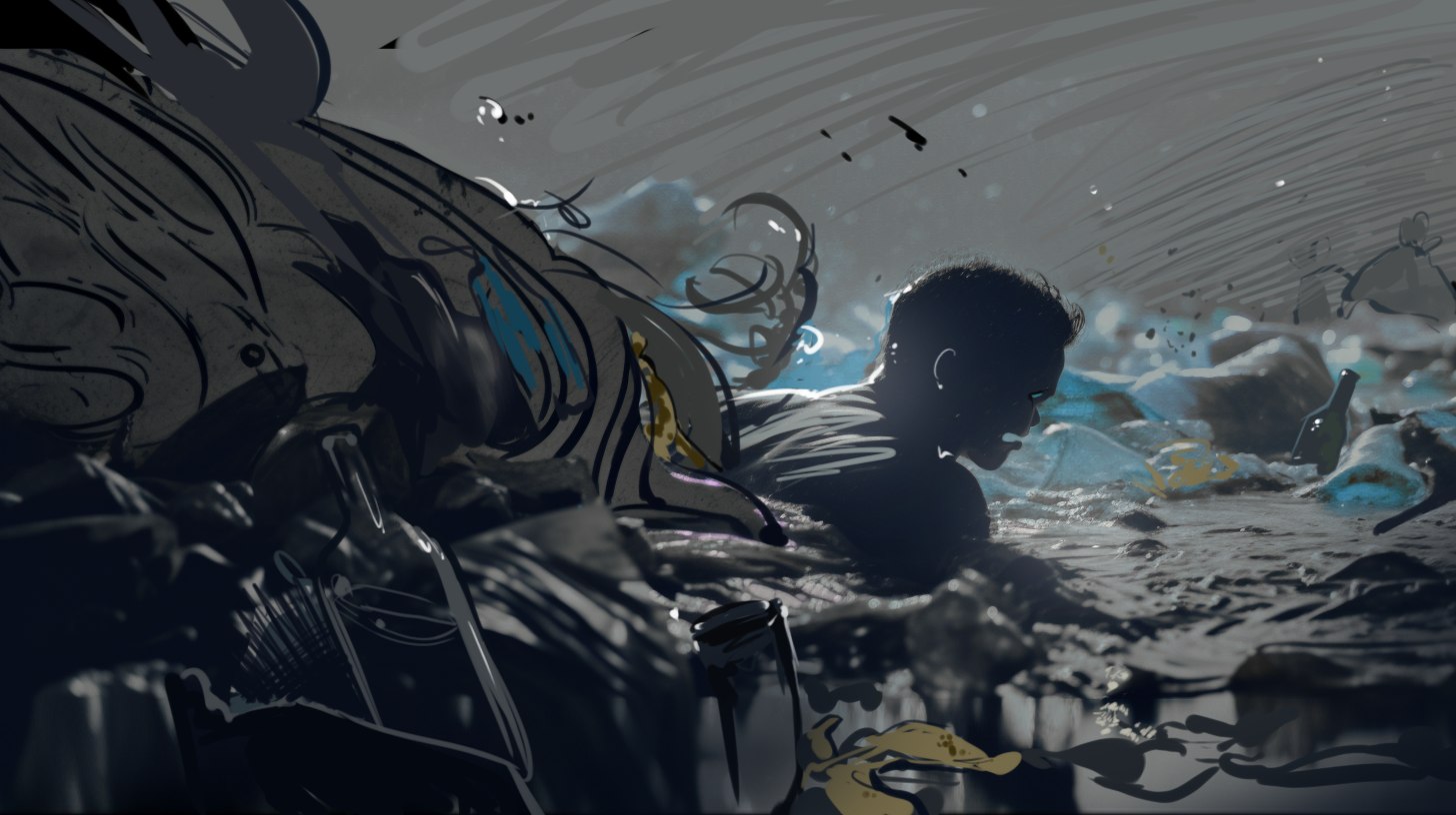 Painted scene of a person swimming through churning grey floodwater thick with bottles, bags and debris, their face just above the surface