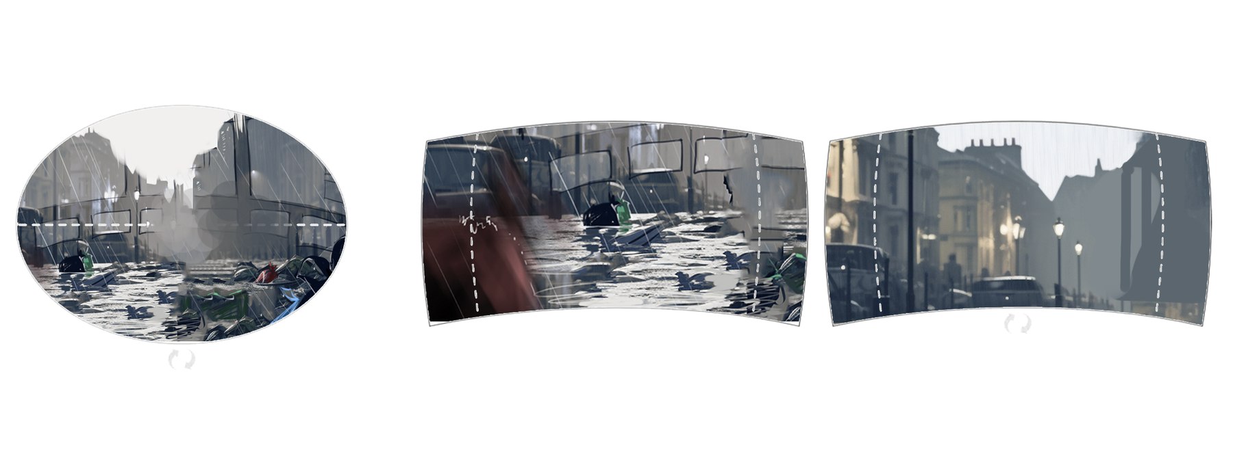 The VR storyboard: the same scene redrawn across three curved panels representing what a player sweeps past inside a headset, with dashed sightlines marking the centre of each view and rotation arrows beneath them