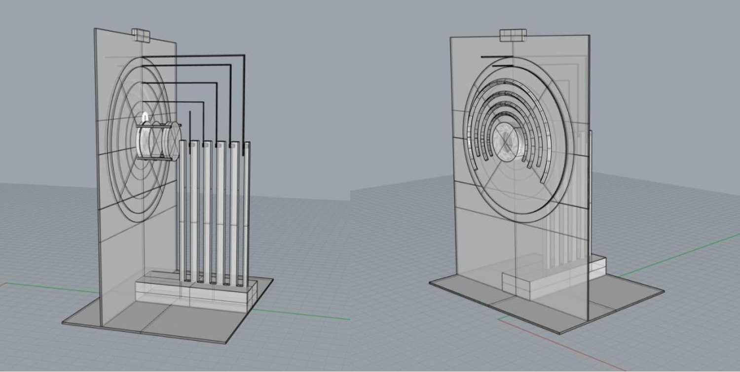 Two CAD views of the device: a wireframe showing the concentric ring plate with the servo bank and linkages behind it, and a second view of the assembled front face