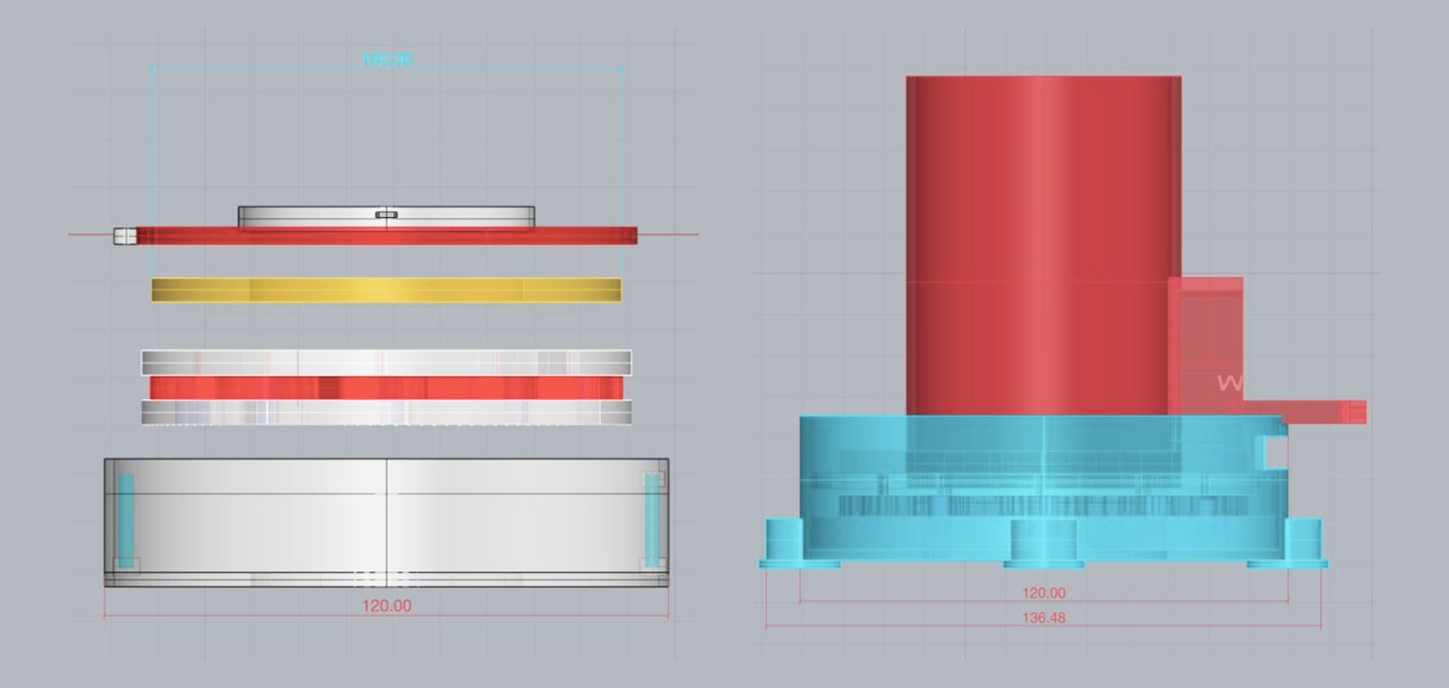 A technical section drawing of the device: exploded layer stack on the left with dimensions, and a coloured cutaway on the right showing the push rod in red and the base in blue