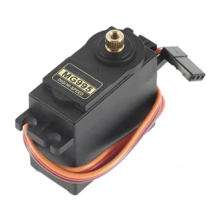 An MG995 servo: a black high-speed servo with a metal output spline