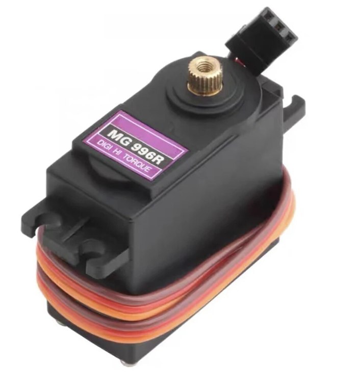 An MG996R servo: a black digital high-torque servo with a metal output spline