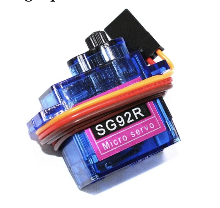 An SG92R micro servo: a small blue and pink plastic servo with three wires