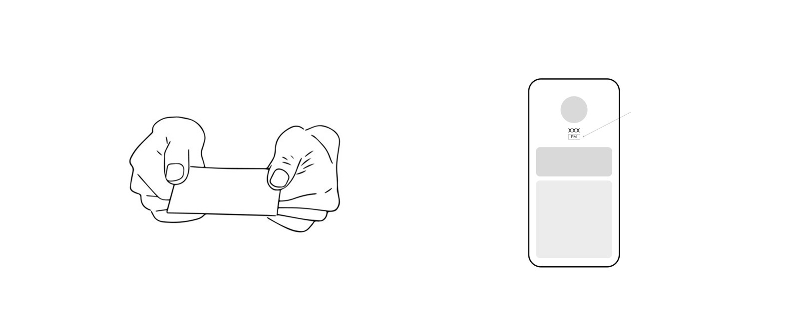 Left: a line illustration of two gloved hands exchanging a business card. Right: a wireframe of a phone screen showing a profile photo placeholder, a name field marked 'XXX', a 'PM' role tag, and two content blocks below