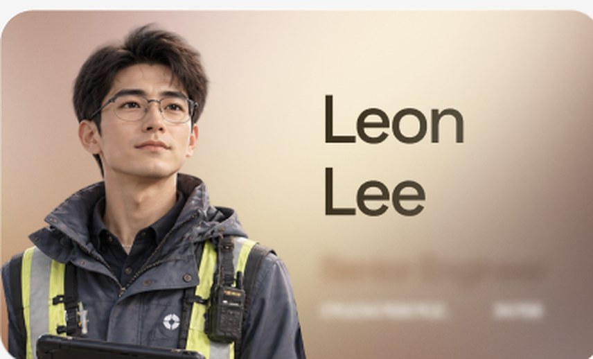 The back of the card: a portrait of the person on the left, their name set large beside it, with their role and contact line underneath