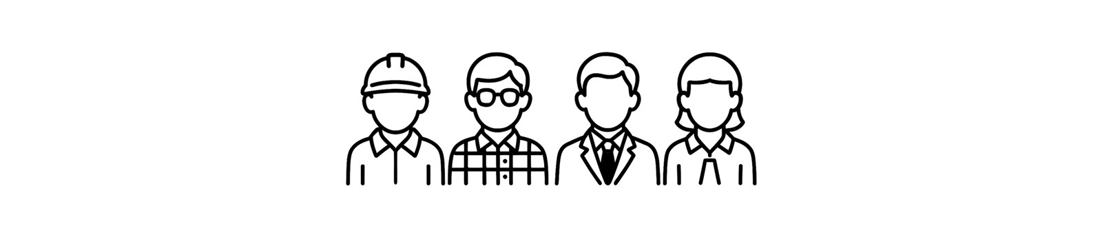 Four line-icon personas representing the professional roles studied: a construction worker, an engineer with glasses, a businessman, and a businesswoman