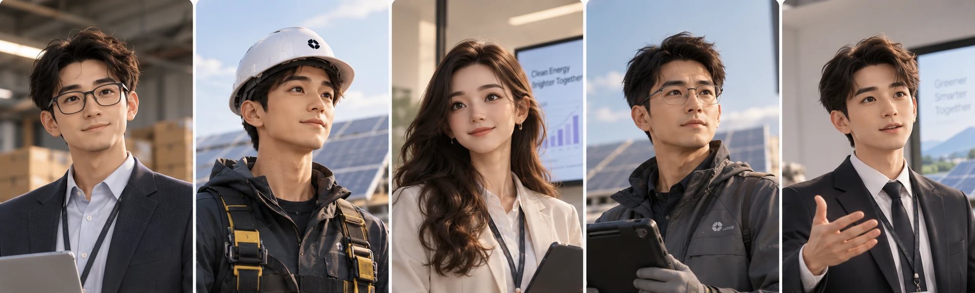 Five portraits side by side: a supplier in a warehouse, an installer in a hard hat on a solar array, a channel partner presenting, a field engineer with a tablet on site, and a salesperson mid-sentence