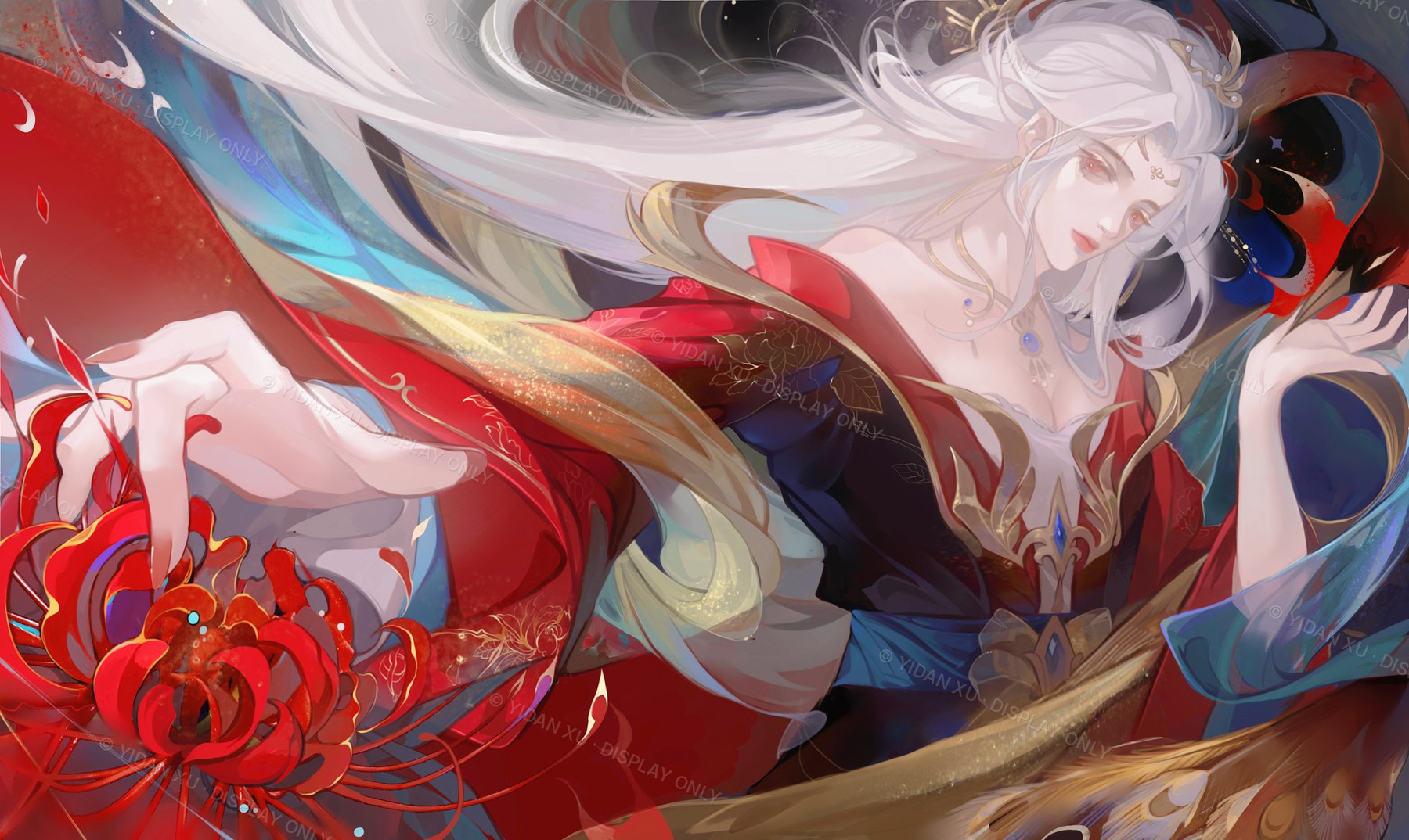 Illustration of a white-haired character in flowing red and gold robes, reaching towards a large red spider lily against a dark ground