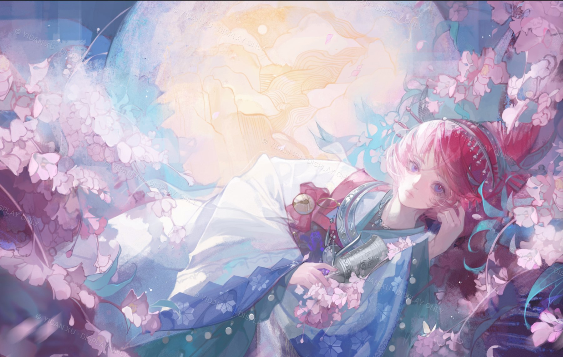 Illustration of a figure in white and blue robes reclining among pink blossom, with a pale moon behind and a small mirror held in one hand