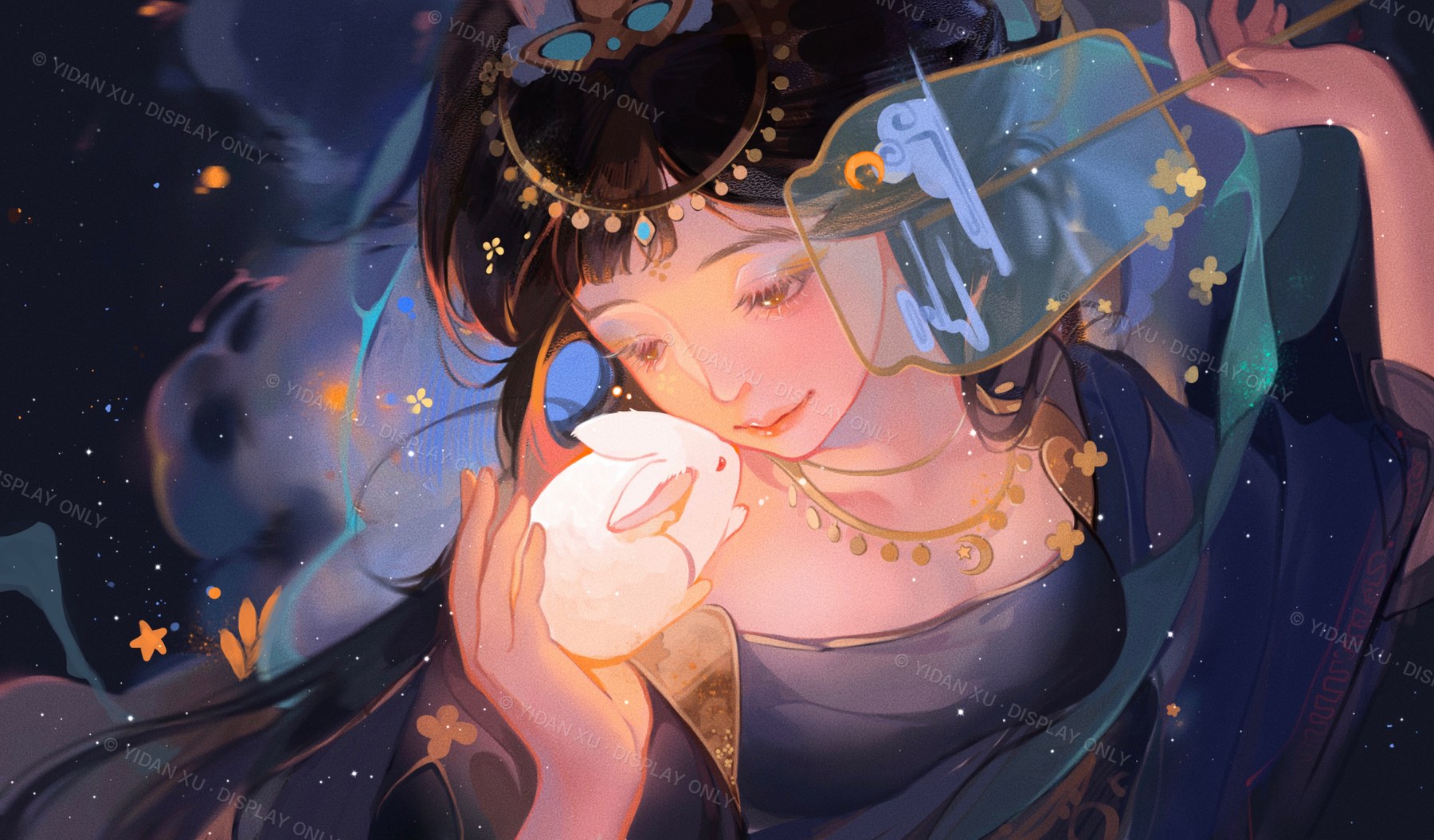 Fantasy-style illustration of a character holding a small glowing white rabbit