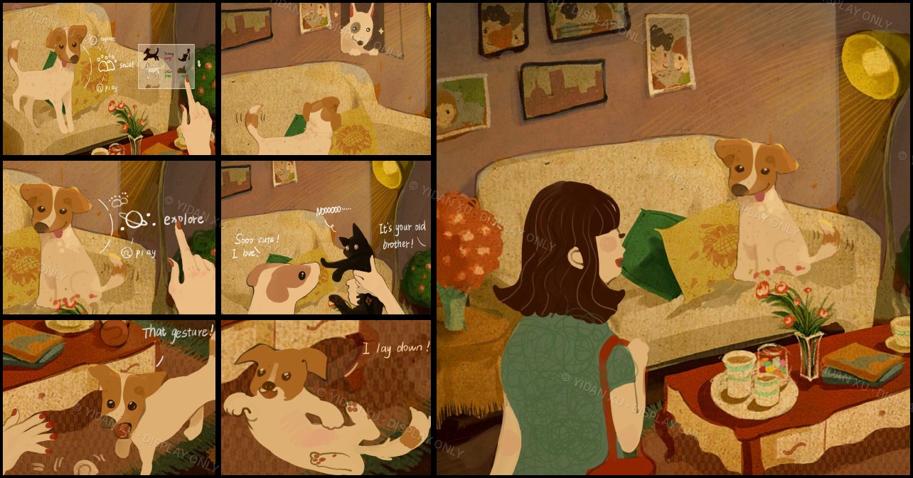 An illustrated comic: a small dog responding to hand gestures, exploring, meeting a cat, lying down on command, and finally greeting its owner on a sofa at home