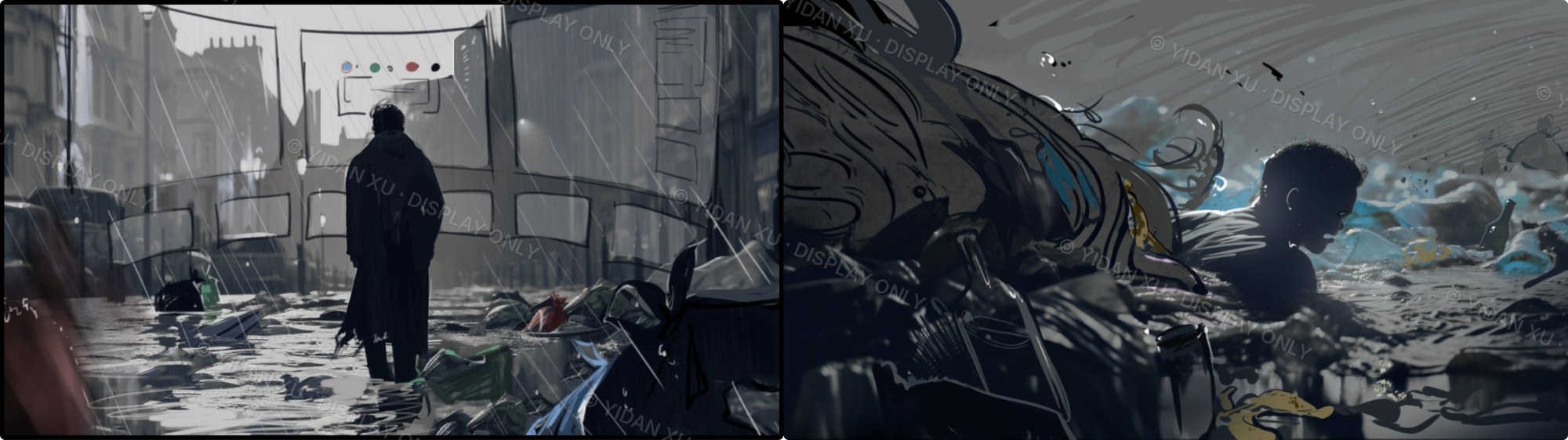 Two painted scenes side by side: a coated figure standing in a flooded street with debris drifting past, and a person swimming through grey water thick with rubbish