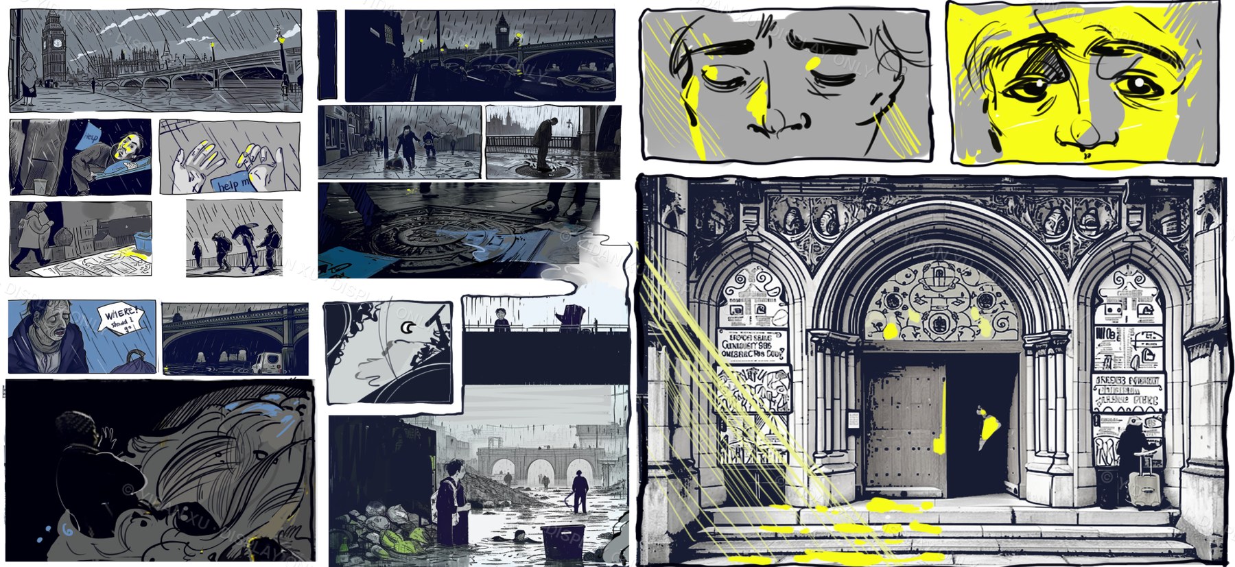 Storyboard panels in ink and yellow highlighter: Westminster Bridge in the rain, hands holding a help-me sign, figures wading through floodwater, a face in close-up, a drowning figure, and a boarded-up church doorway