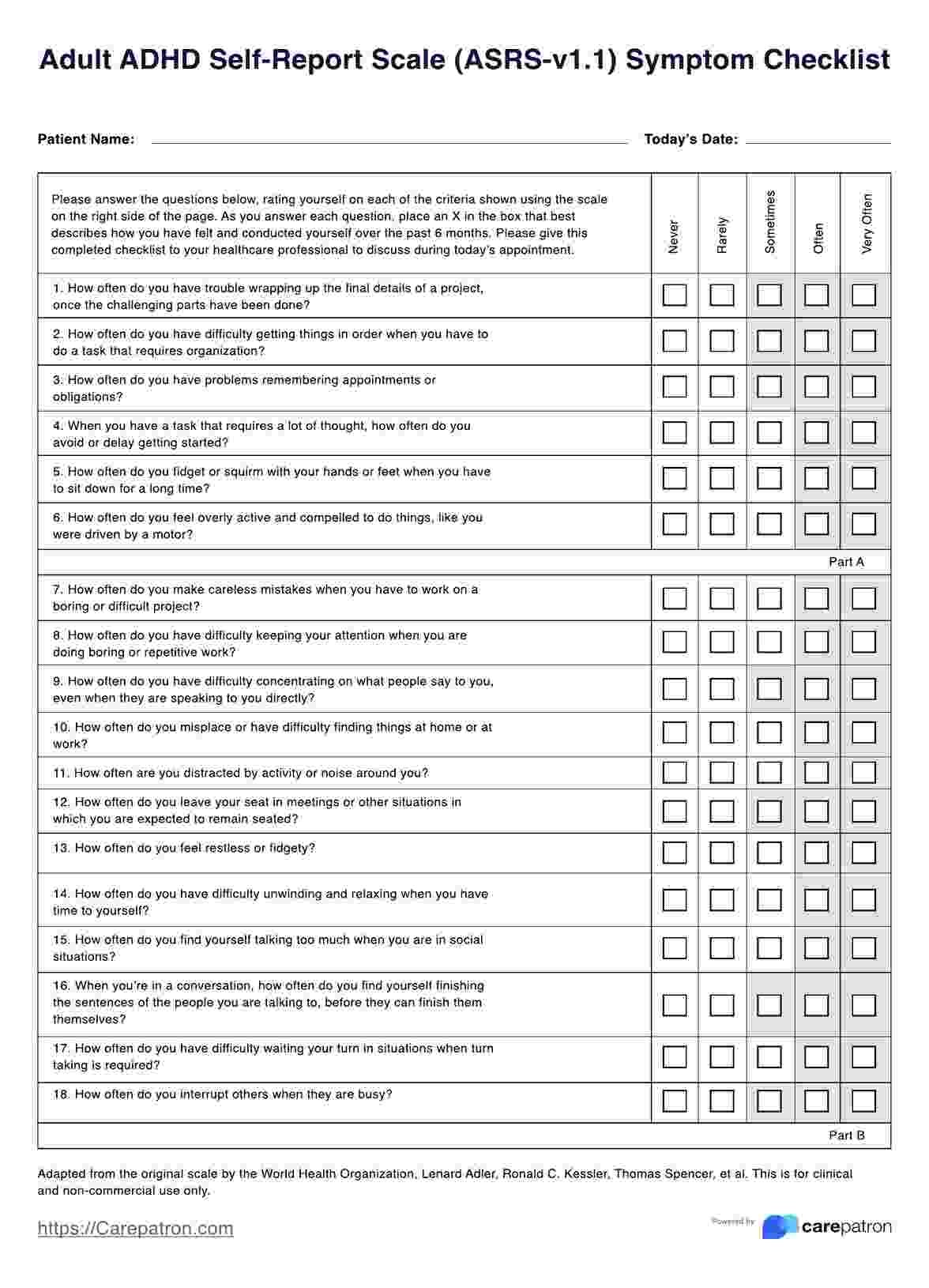 A standard Adult ADHD Self-Report Scale (ASRS-v1.1) symptom checklist — an 18-question paper form