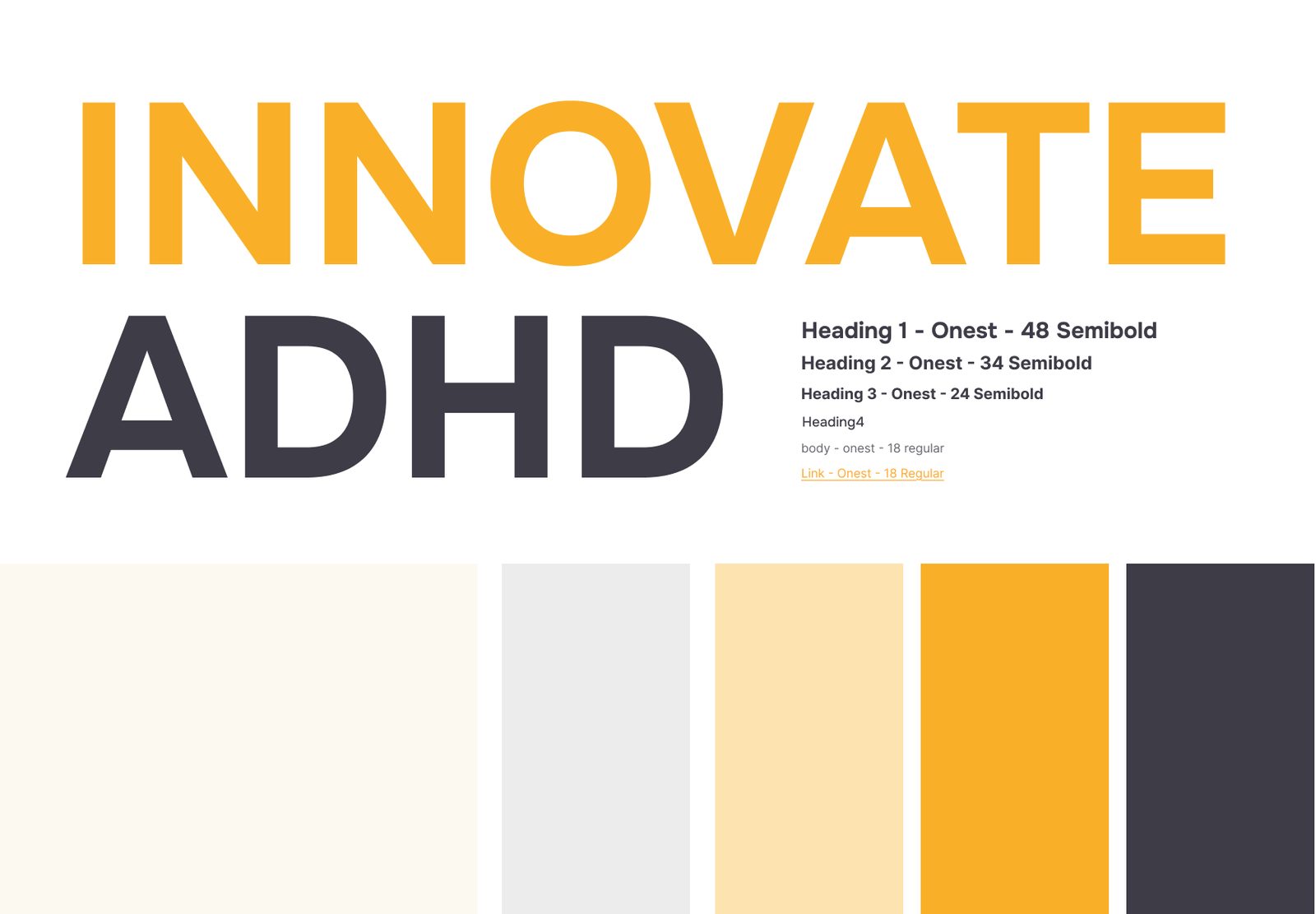 Innovate ADHD type scale and colour palette — cream, light grey, tan, orange and dark navy swatches