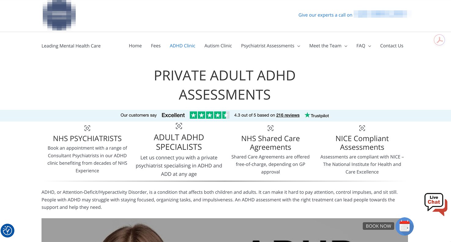 A second London ADHD clinic page as it loads: a logo, a phone number, an eight-item navigation bar, a heading, a Trustpilot review score, and four claim cards above the first paragraph. The clinic&rsquo;s name and number are masked.
