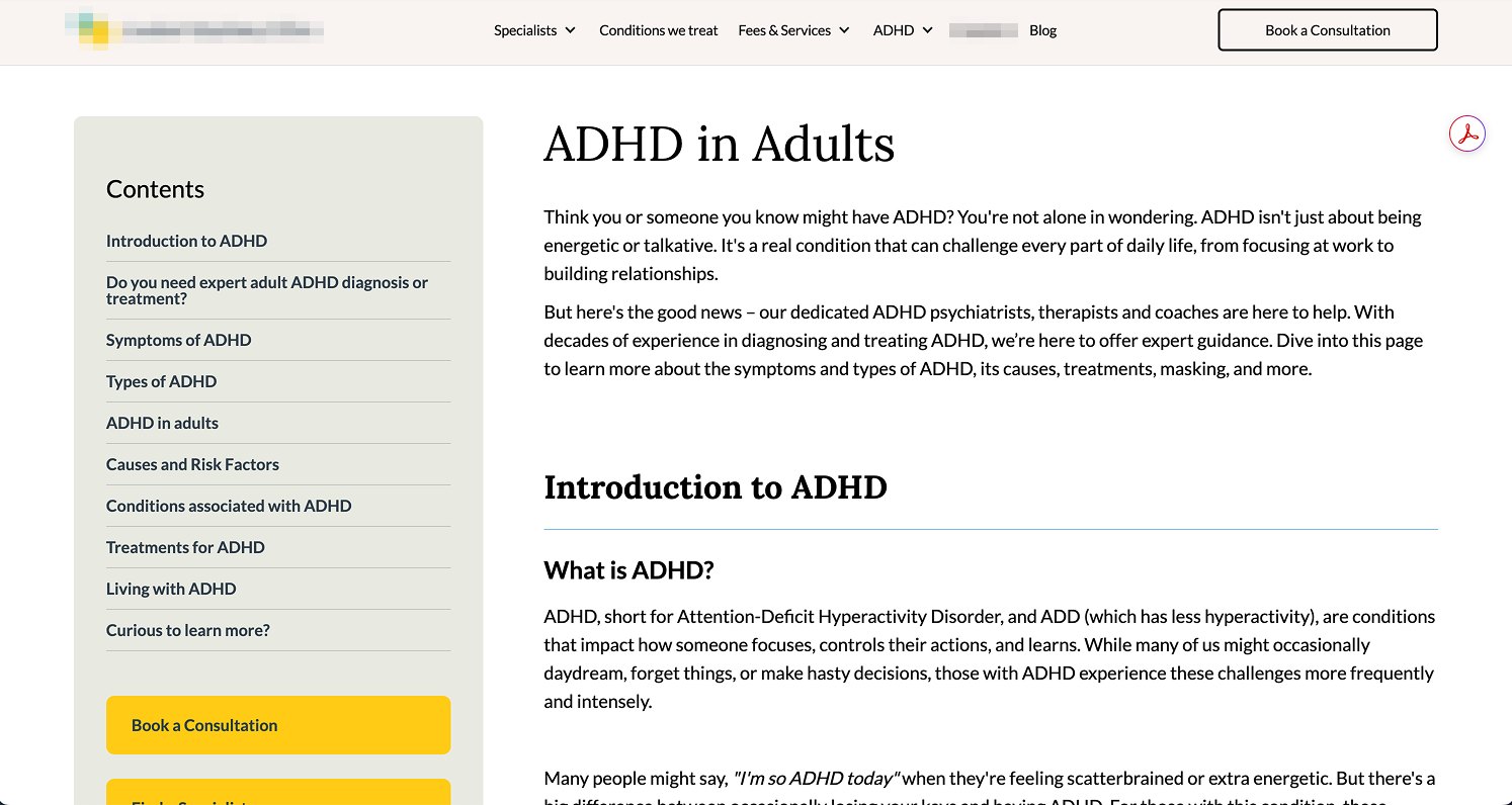 A third London ADHD clinic page as it loads: a sidebar headed Contents listing ten sections, beside two paragraphs of introduction and two more headings. The clinic&rsquo;s name is masked.