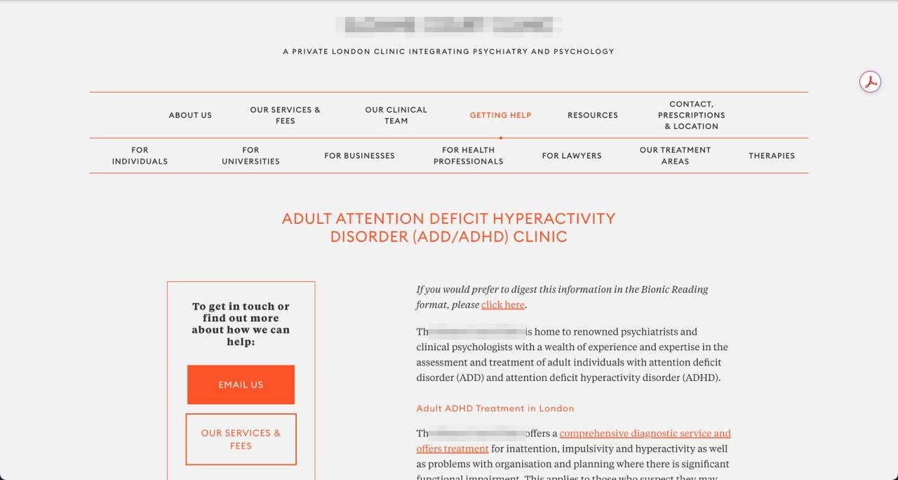 A London ADHD clinic page as it loads: two rows of navigation totalling thirteen items, a heading, and three paragraphs of dense body text beside a box holding two buttons. The clinic&rsquo;s name is masked.