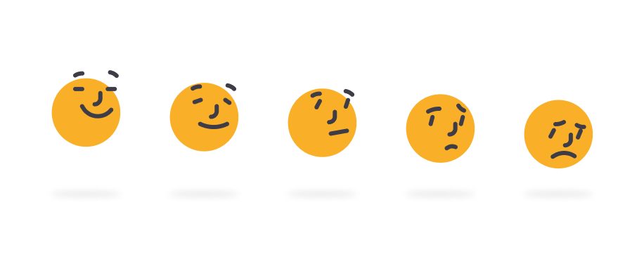 Five simple emoji-style faces ranging from happy to distressed, used as a lightweight mood-check UI element