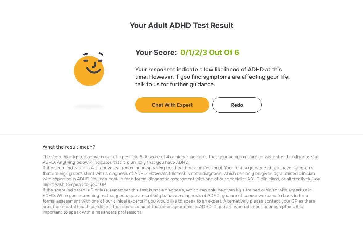 Innovate ADHD app screen showing an adult ADHD test result, a low-likelihood score, and 'Chat with expert' / 'Redo' actions