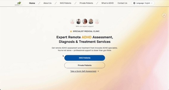 The Innovate ADHD site today, scrolled top to bottom: the homepage, the clinical director, the services, a symptoms section, then the assessment, then the contact form