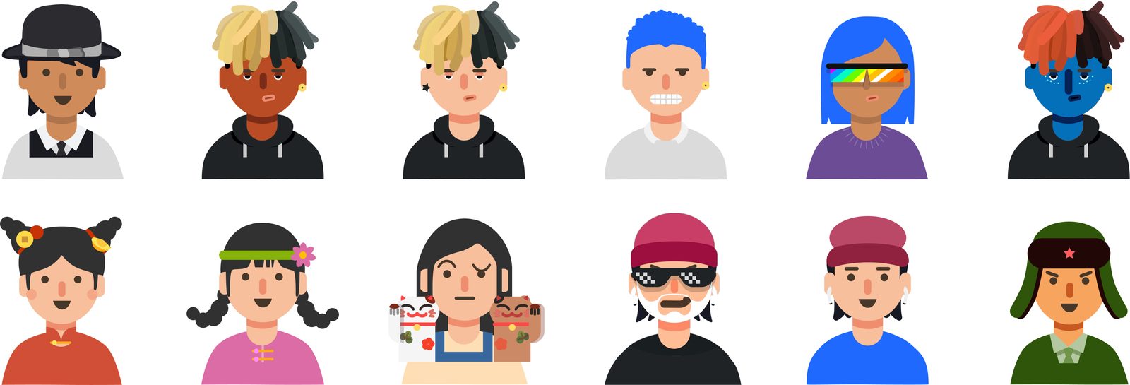A grid of twelve custom NFT avatar designs, each with distinct hair, accessories and style