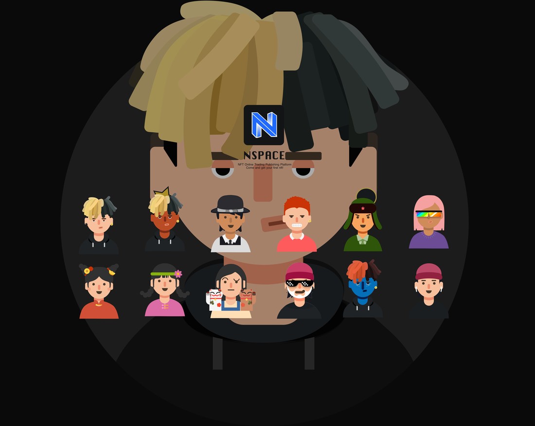 A circular NSpace branding graphic on black, combining a hero character with the platform logo and a grid of smaller avatars