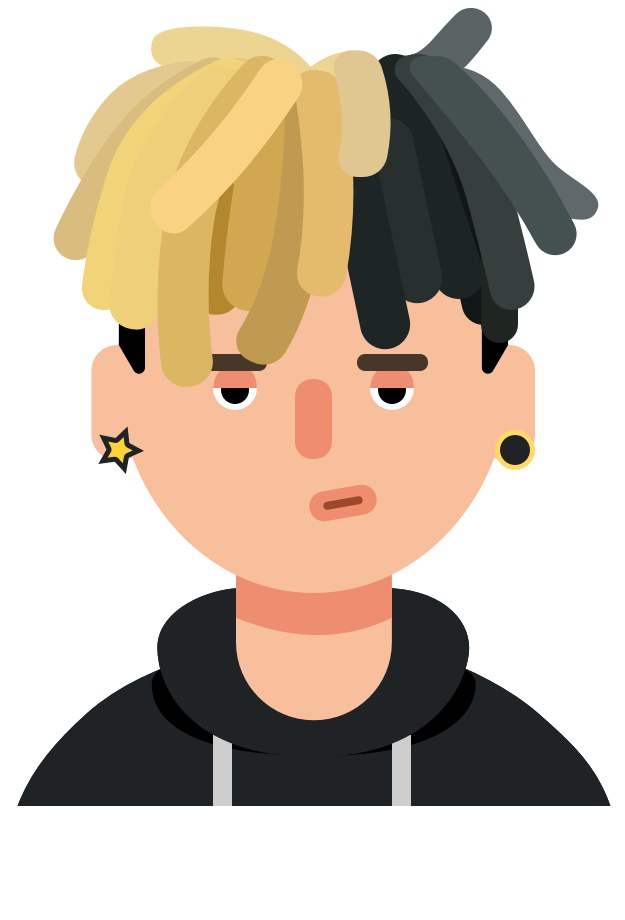 A detailed illustration of one NFT avatar character, with two-tone dreadlocks, a star and ring earring, and a black hoodie
