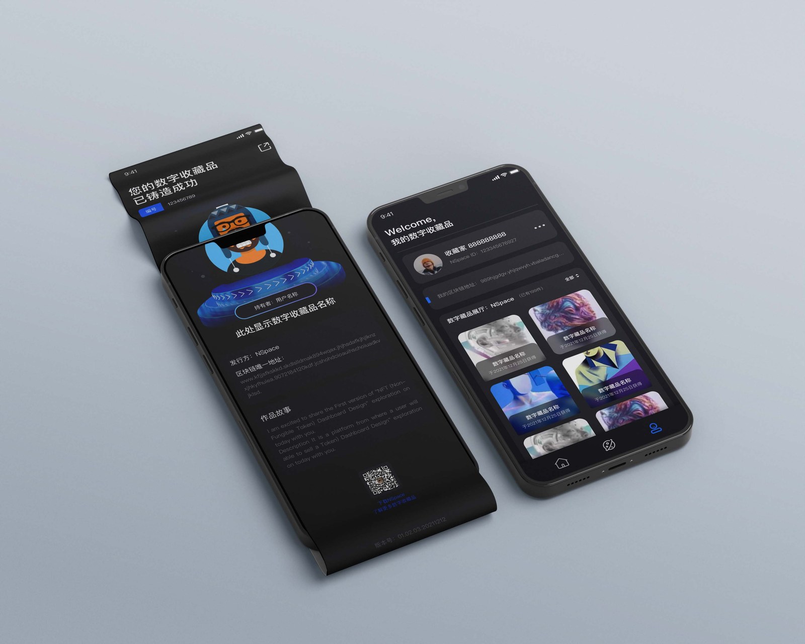 Two phone mockups: a 'your digital collectible has been minted successfully' confirmation screen, and a welcome/gallery home screen showing a grid of owned NFTs