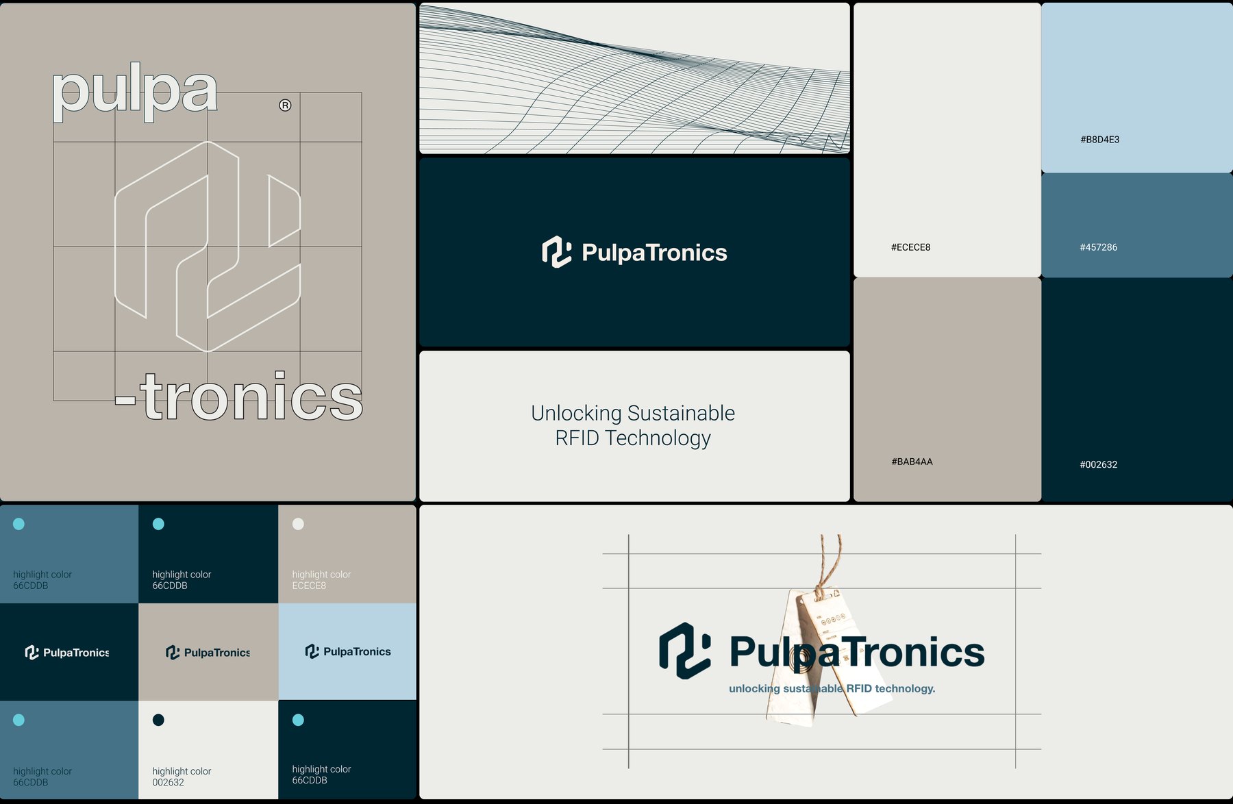 The PulpaTronics brand system laid out as a grid: the logo mark constructed on a drawing grid under the wordmark 'pulpa-tronics', a wireframe mesh graphic, the wordmark reversed out of deep navy, the tagline 'Unlocking Sustainable RFID Technology', swatches for #B8D4E3, #ECECE8, #457286, #BAB4AA and #002632, the logo tested on six backgrounds, and the full lockup with clear-space guides