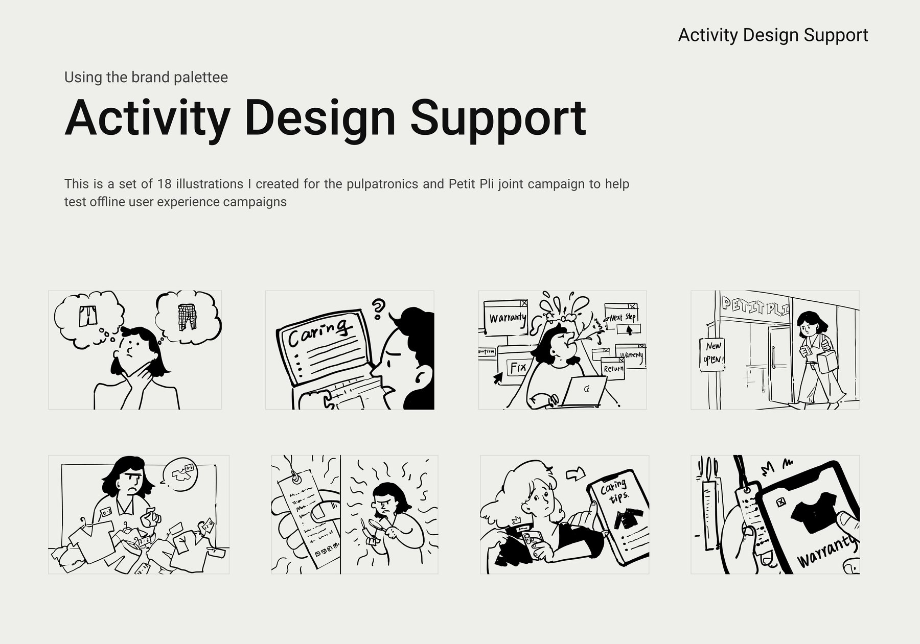 A slide titled 'Activity Design Support' showing eight of eighteen black-and-white line illustrations: a shopper deciding between garments, someone puzzling over a care label, a person overwhelmed by warranty and returns windows, a Petit Pli shopfront, and scenes of scanning a tag for care tips
