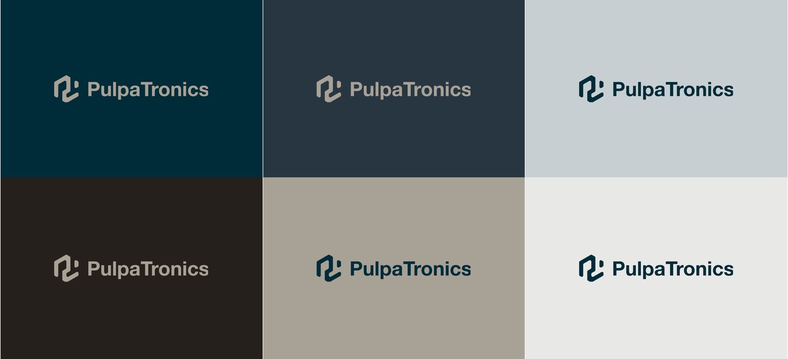 The PulpaTronics wordmark shown on six background colours from the original palette: deep navy, dark slate, pale blue-grey, warm black, warm grey and off-white
