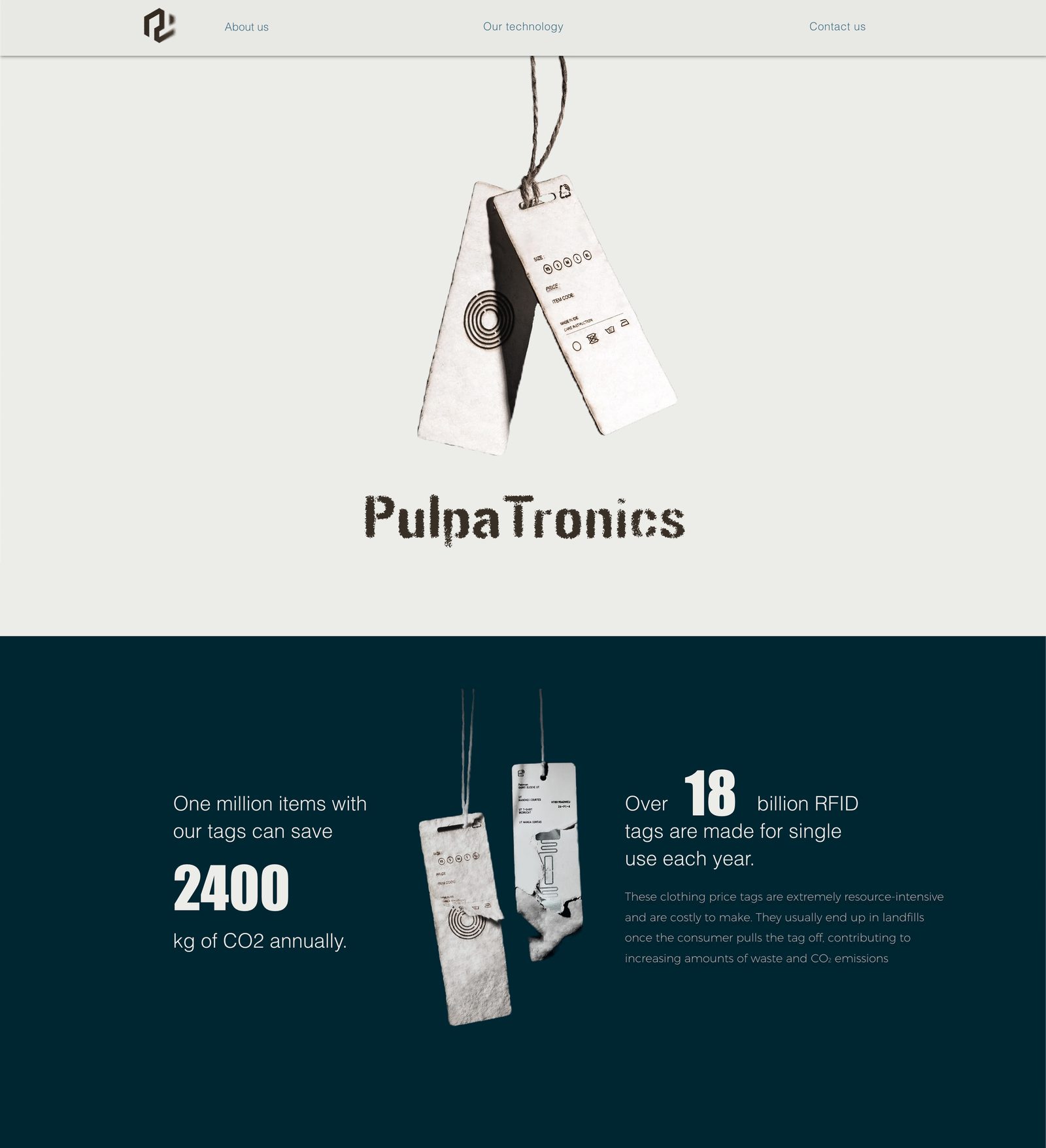 PulpaTronics website hero — hanging paper NFC tags