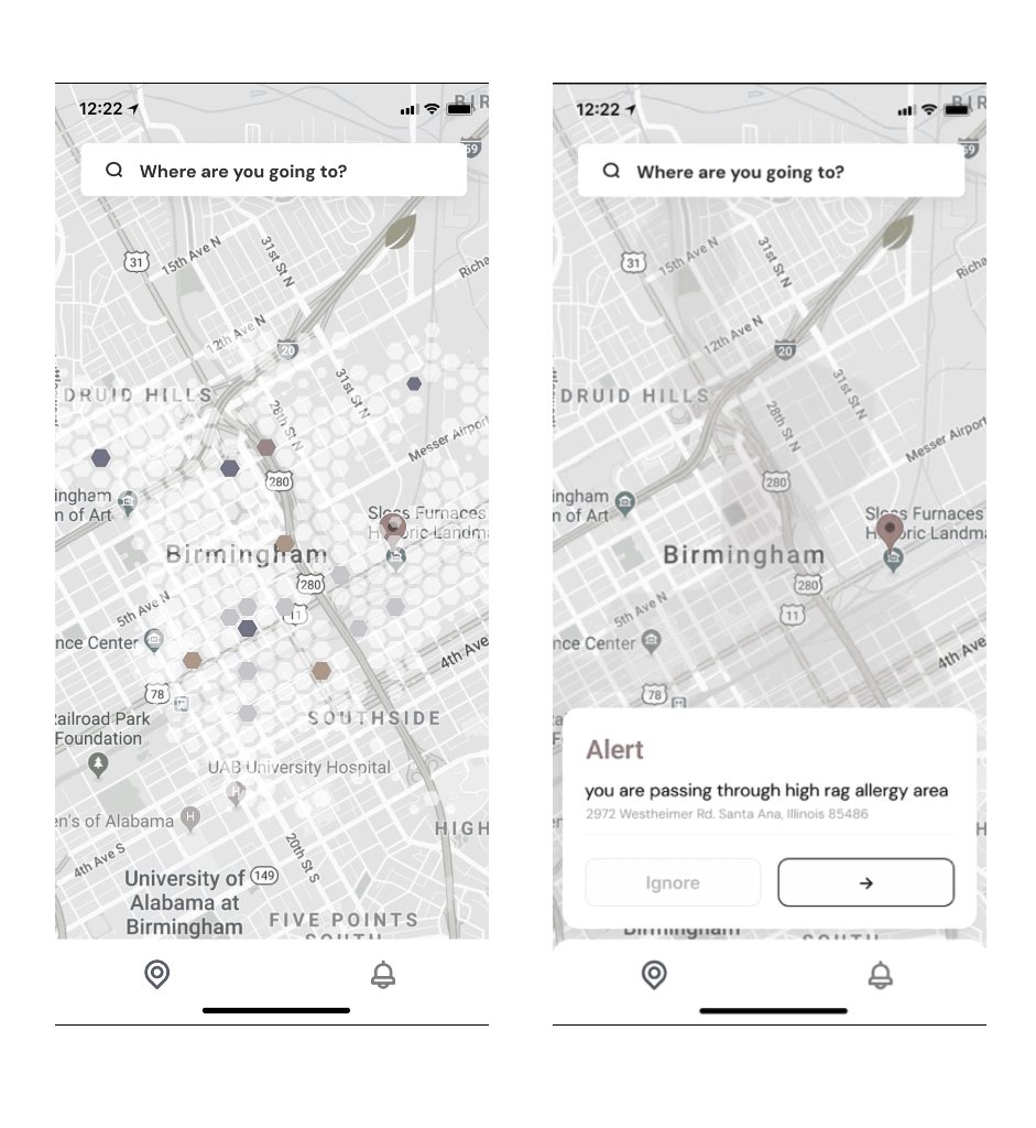 The A/B test: two phone screens side by side. On the left, a map scattered with individual hexagonal pollen readings at precise points. On the right, the same map with a single alert card reading 'you are passing through high rag allergy area'