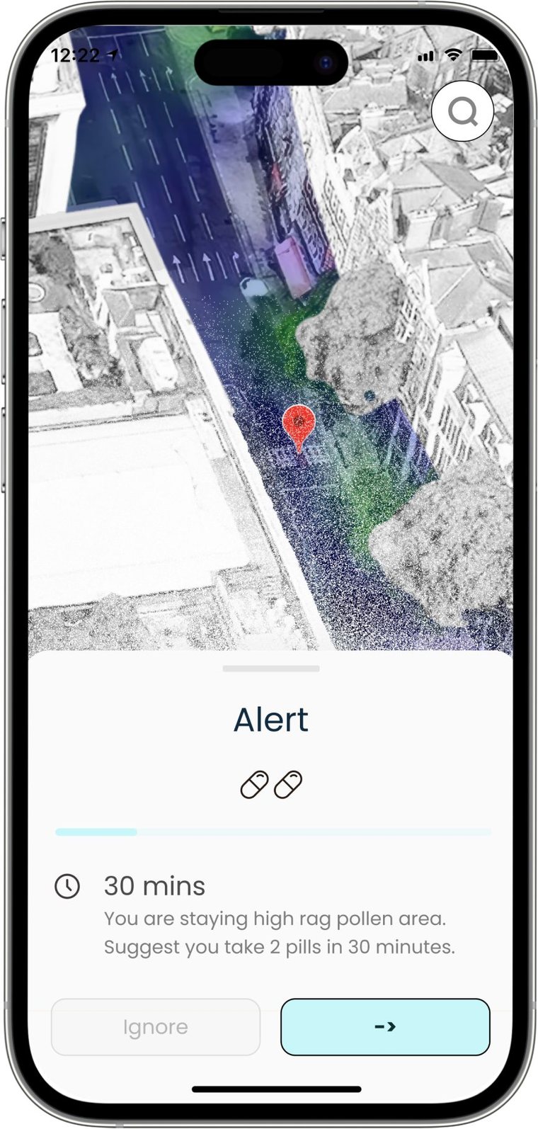 RES app alert screen over a map, reading 'You are staying in a high rag pollen area. Suggest you take 2 pills in 30 minutes', with Ignore and continue buttons