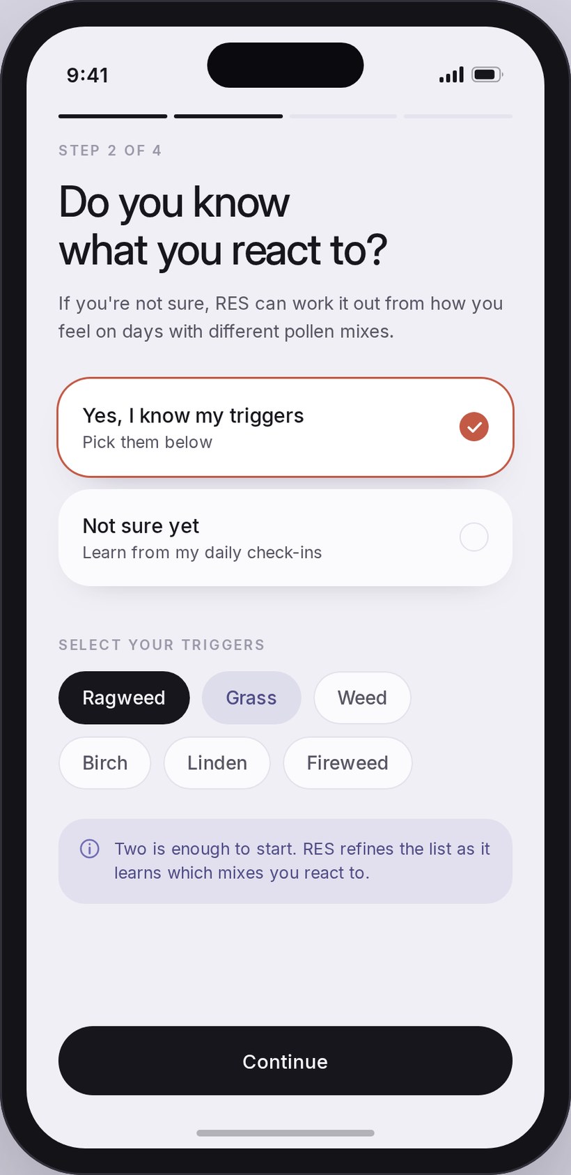 The 2026 redesign of onboarding: 'Do you know what you react to?' with a step indicator, two selectable cards for knowing or not knowing your triggers, and a grid of pollen-type chips